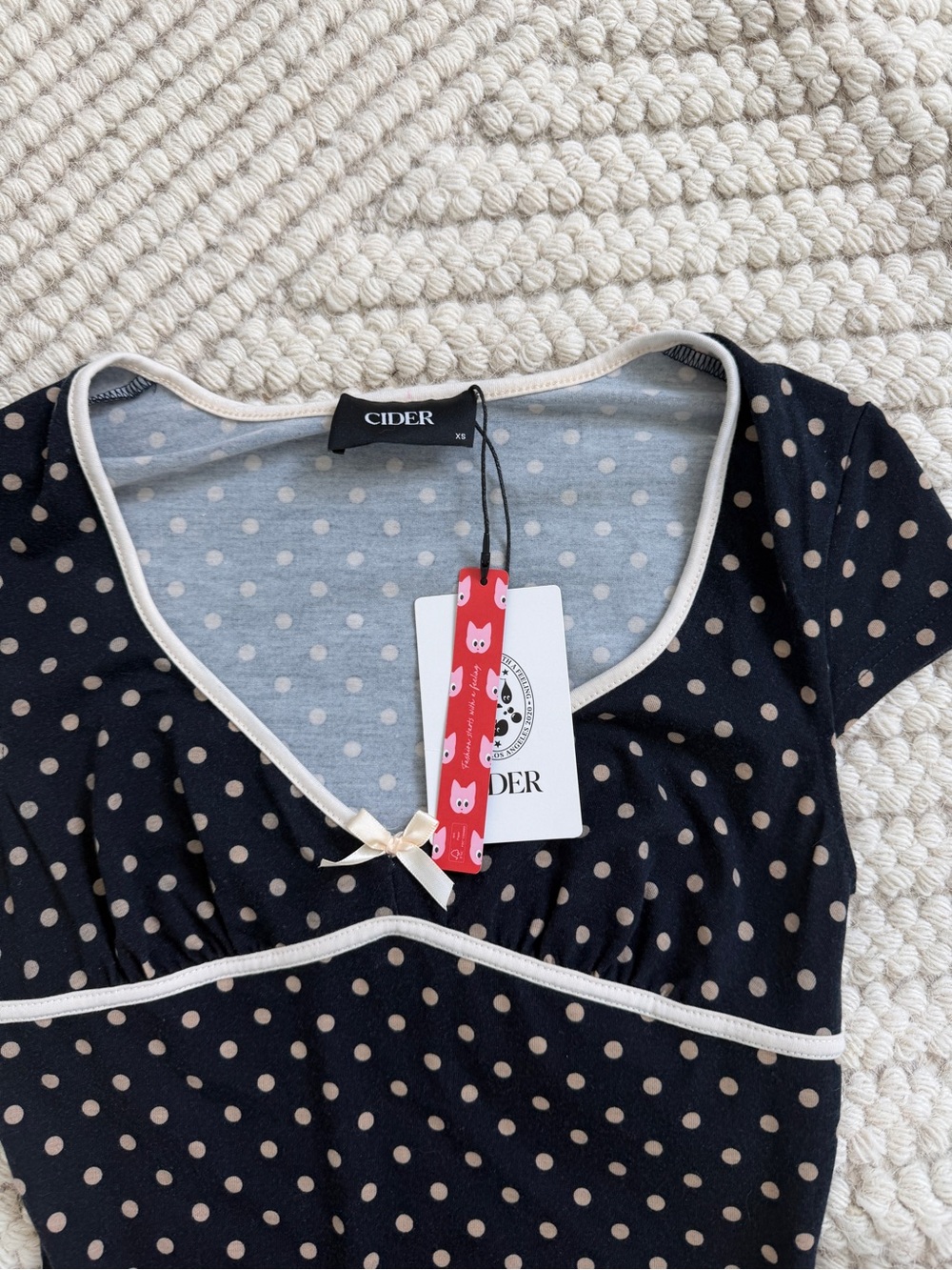 Cider Knit V-neck Spot Bowknot Midi Dress - Picture 3 of 5